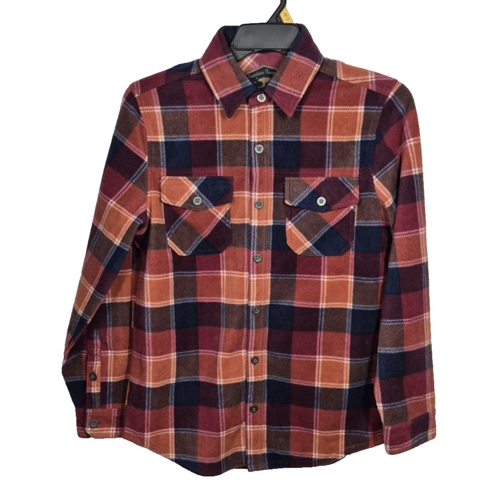Freedom Foundry Shirt Mens  S/P  Red Orange Navy Plaid Flannel Button‎ Up
